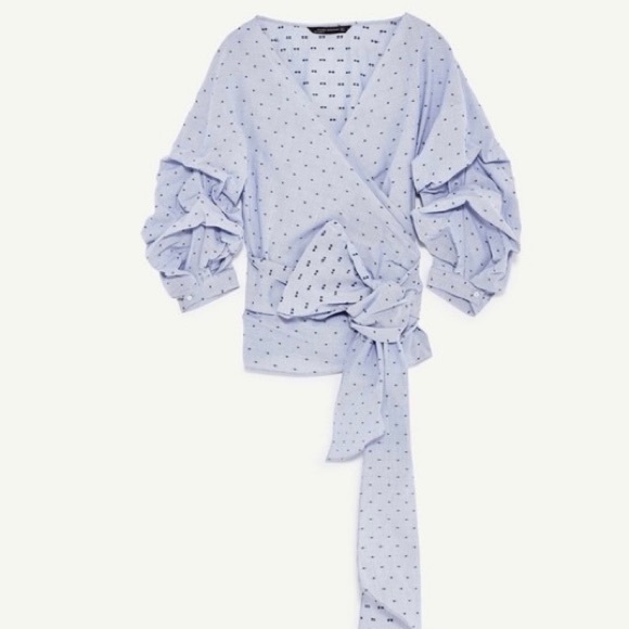 Zara Light Blue Pleated Blouse with Bow - Picture 2 of 2